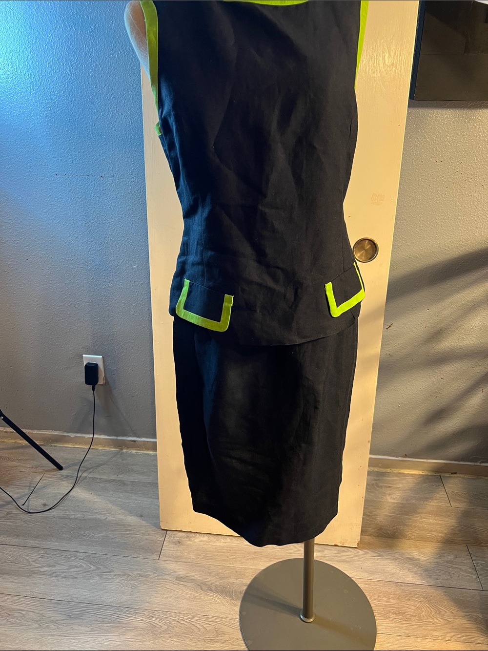 Black Dress with Neon Green Trim - Women's Sleeveless Two-Piece Style
